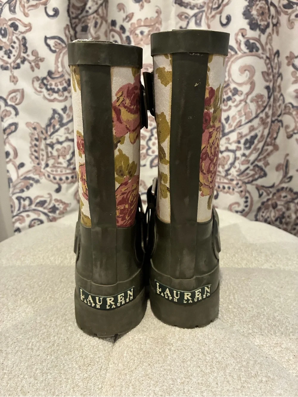 Lauren Ralph LaureOlive Green Floral Short Rain Boots with Buckle Detail